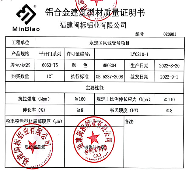 闽标质量证明书